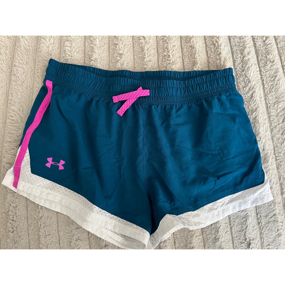 Under Armour Girls Teal Blue Pink White Athletic Running Shorts Size XL YXL